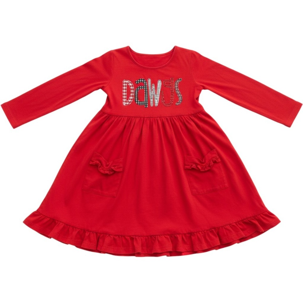 Millie Loves Lily Dress Kids 10 Red Dawgs Applique Ruffle Long Sleeve Pocket